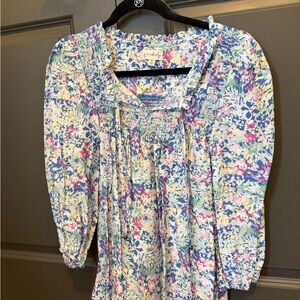 Wonderly Floral Peasant Blouse in Blue and Pink